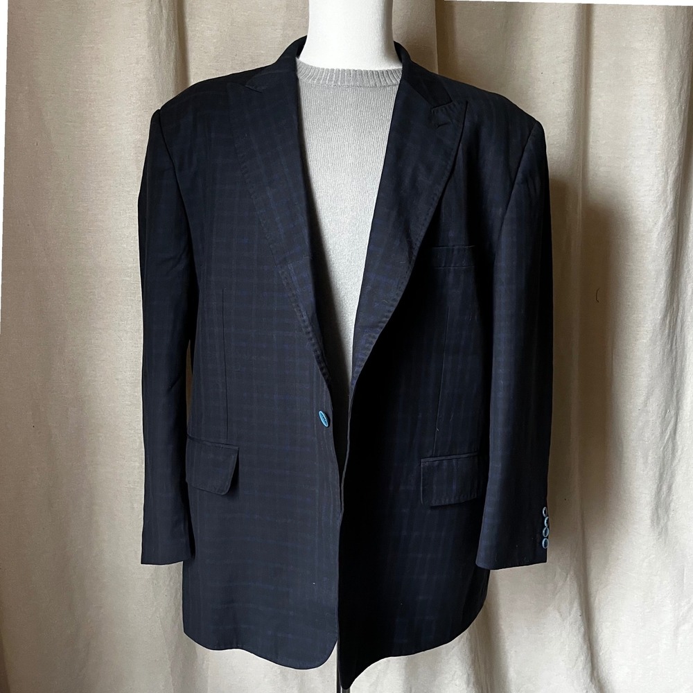 Statement Italy Navy‎ Blue Windowpane Wool Blazer 50R Italy